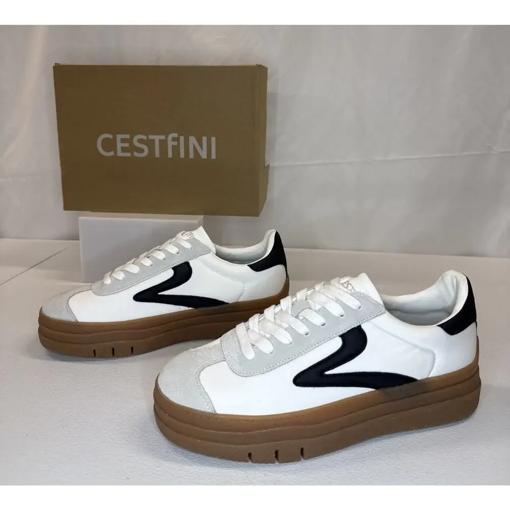 Cestfini Women’s Platform Retro Sneakers White Black Brown Gum Sole Size 10
